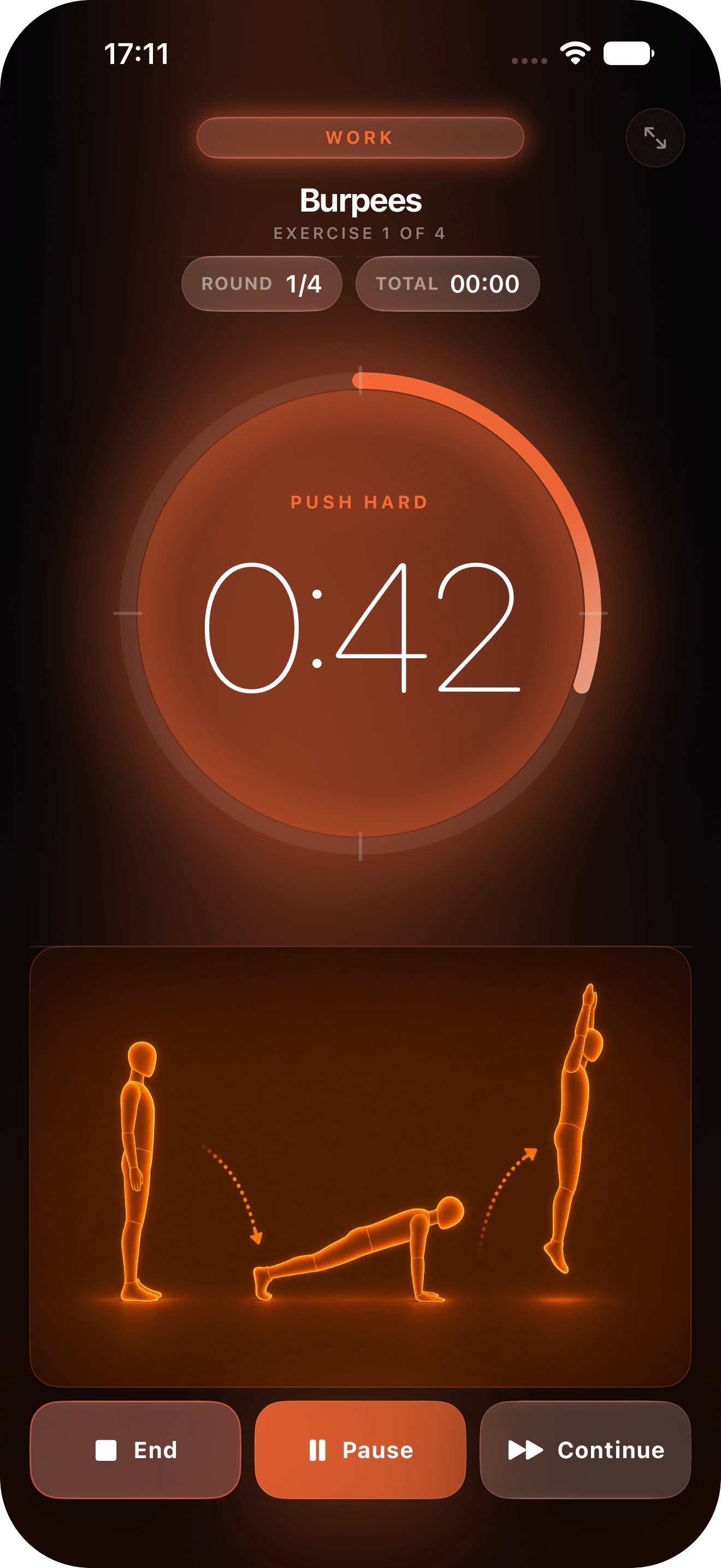 Interval Timer running a burpees workout, with an orange countdown and exercise illustration