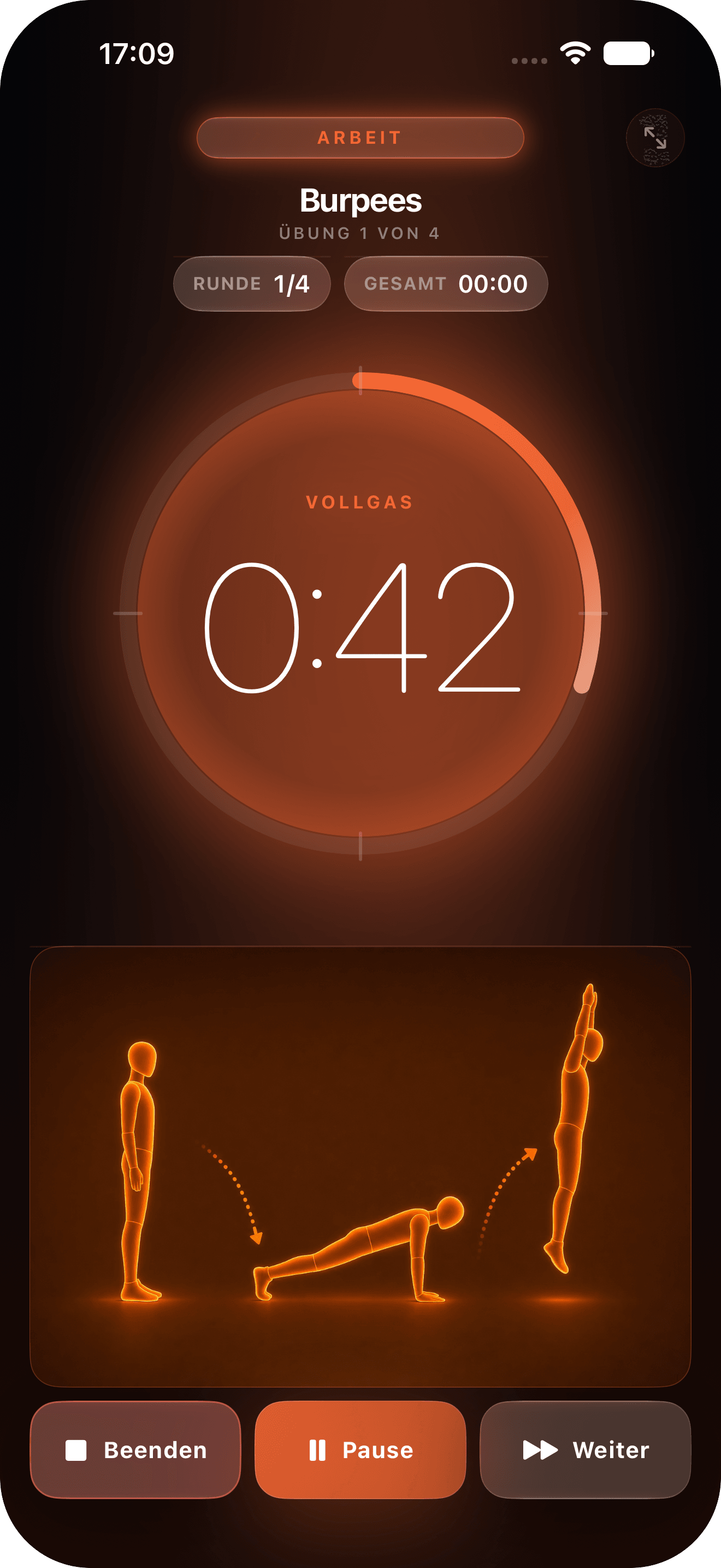 Interval Timer während eines Burpee-Trainings mit orangefarbenem Countdown und Übungsillustration